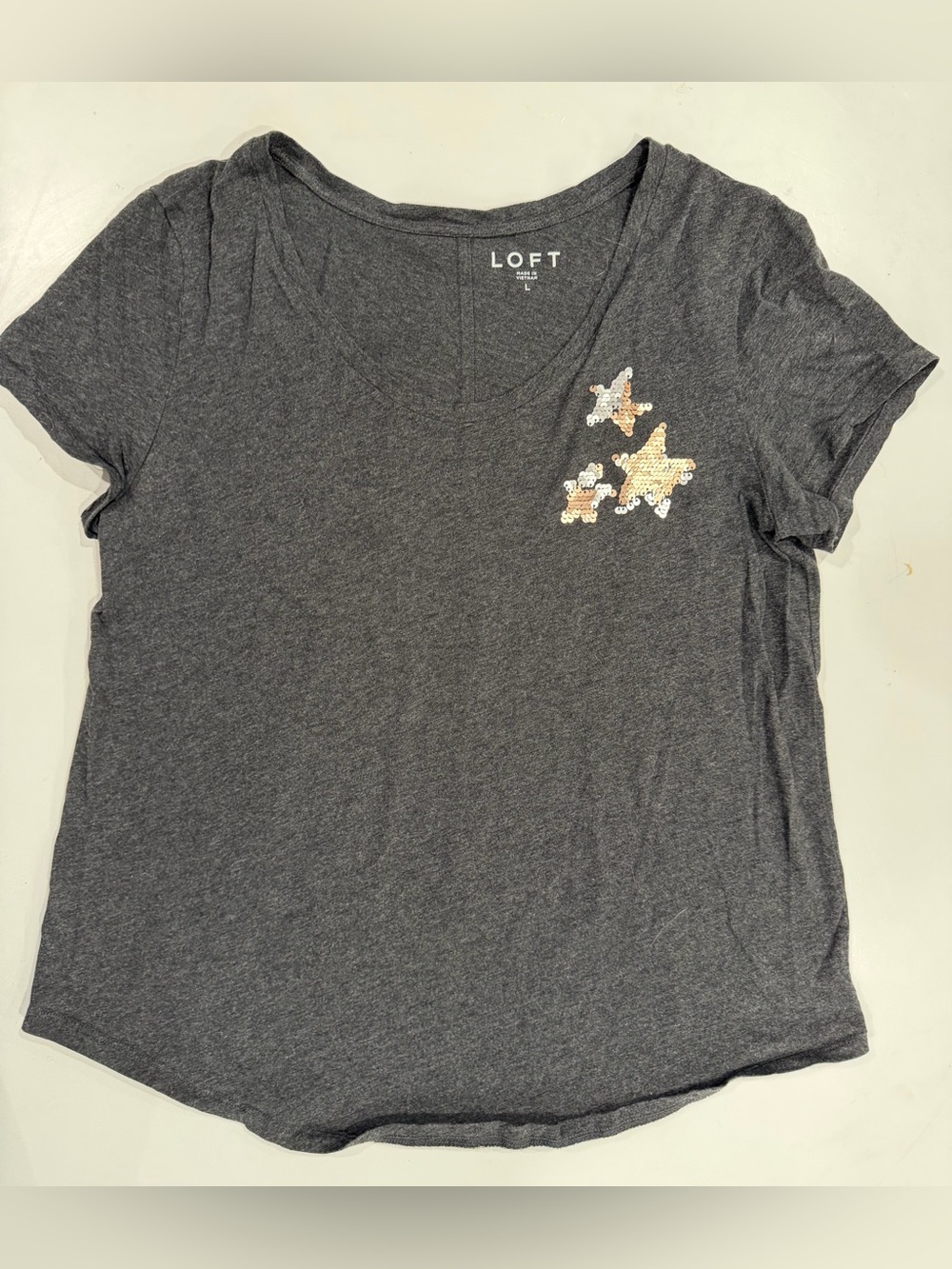 LOFT Charcoal V-Neck Tee with Sequin Star Embellishments